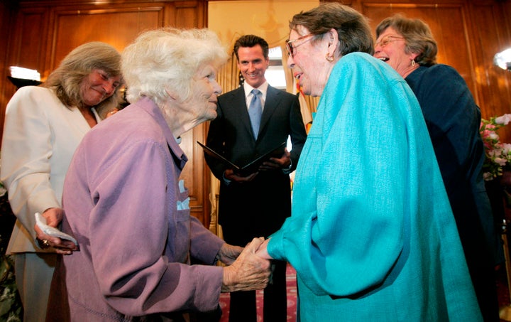 Del Martin, left, and Phyllis Lyon were married by San Francisco Mayor Gavin Newsom at City Hall in San Francisco in 2008. 