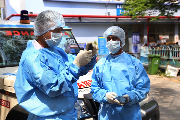 A medical team in PPE kits on duty of the nationwide lockdown to check the spread of coronavirus, near Government Hospital, on April 9, 2020 in Kolkata. 