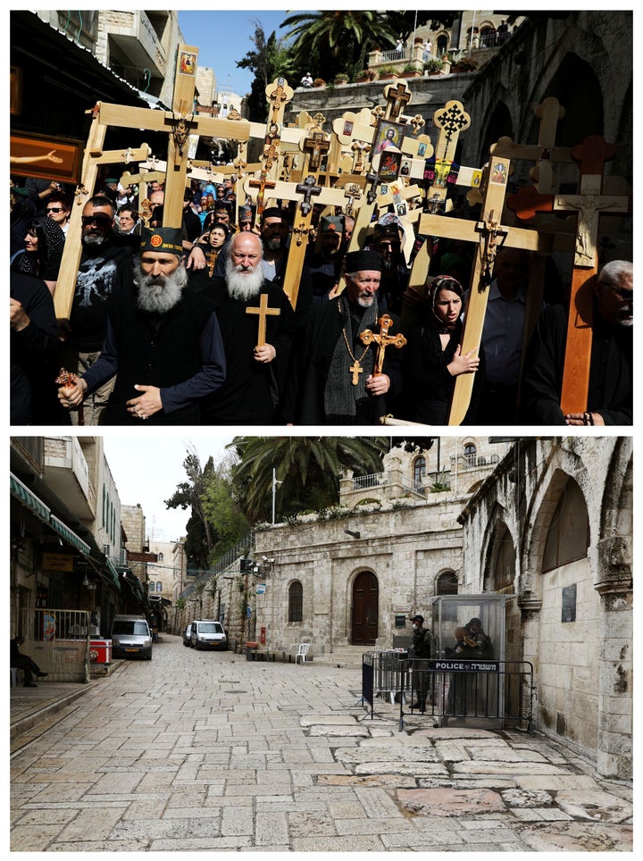 A combination picture shows worshippers carrying wooden crosses during a Good Friday procession along the Via Dolorosa in Jerusalem's Old City April 6, 2018 and the same spot on April 10, 2020, as Israel takes stringent steps to contain the coronavirus disease (COVID-19). 