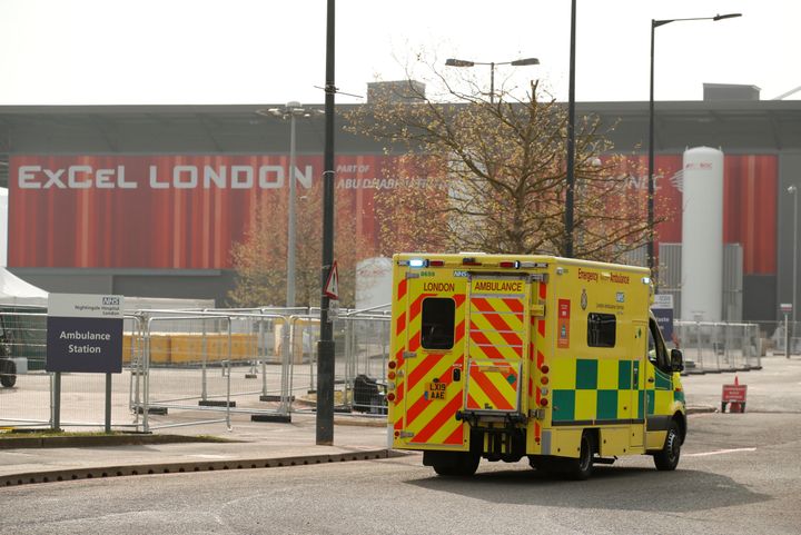 An ambulance is seen outside the NHS Nightingale Hospital at the Excel Centre, as the spread of the coronavirus disease (COVID-19) continues, London.