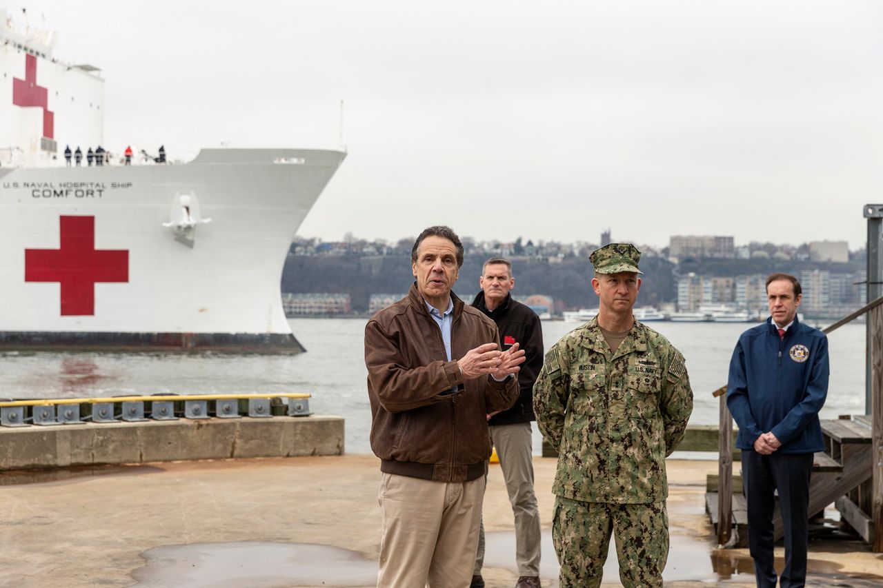 New York Gov. Andrew Cuomo speaks as the Navy hospital ship Comfort arrives in Manhattan to help relieve the strain on area hospitals.