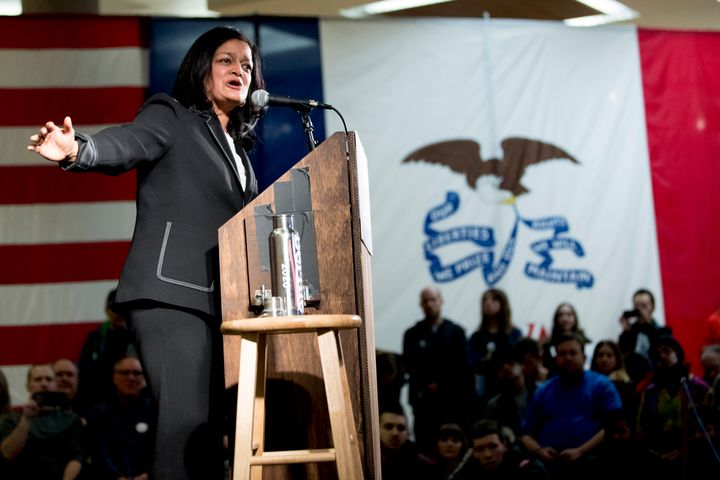 Rep. Pramila Jayapal (D-Wash.) speaks at a presidential campaign stop for Sanders at the State Historical Museum of Iowa on Jan. 20, 2020, in Des Moines, Iowa.
