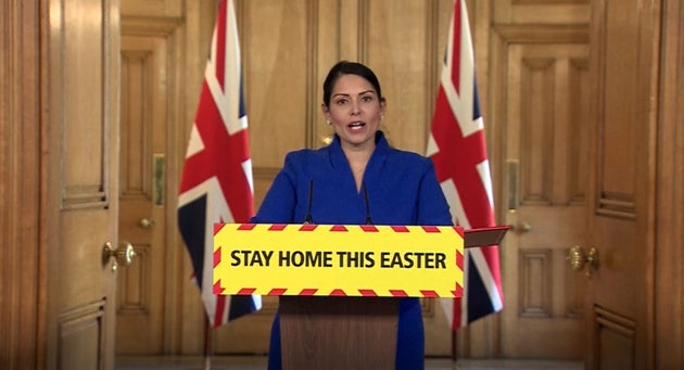 Home Secretary Priti Patel during Saturday's media briefing in Downing Street.
