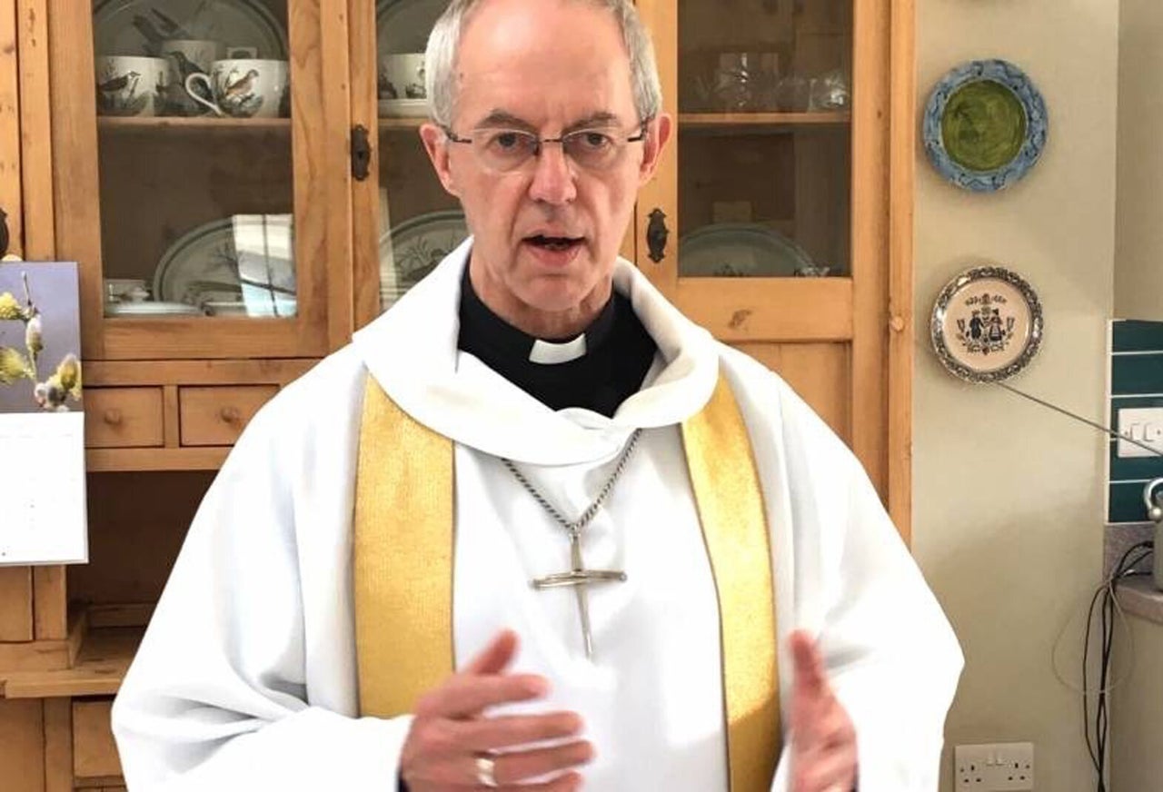 Justin Welby recording his Easter Sunday sermon in the kitchen of his flat at Lambeth Palace in London.