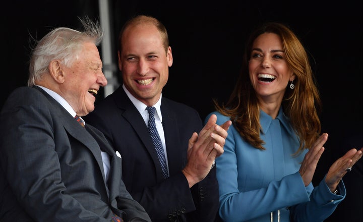 The Duke and Duchess of Cambridge and Sir David Attenborough at the naming ceremony of Britain's new polar research ship, the RRS Sir David Attenborough, in Birkenhead, England, on Sept. 26, 2019.