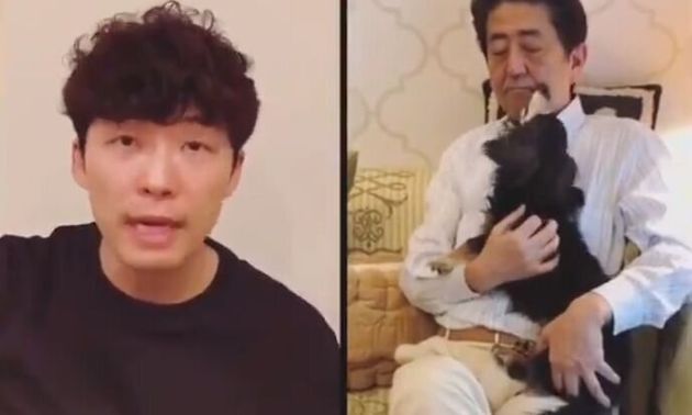 일본 가수 겸 배우 호시노 겐의 '집에서 춤추자' 캠페인 영상과 아베 신조 일본 총리가 자택에서 휴식을 취하고 있는 모습을 이어 붙인