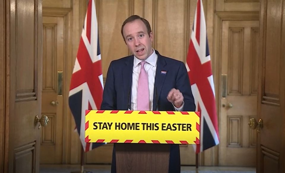 Health secretary Matt Hancock speaking during a media briefing in Downing Street