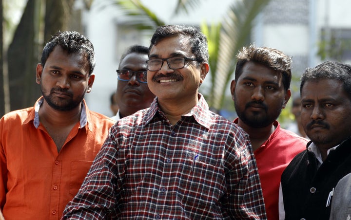 Dalit scholar Anand Teltumbde, who is facing arrest in the Elgar Parishad case, seen at the Swargate police station in Pune on February 19, 2019.