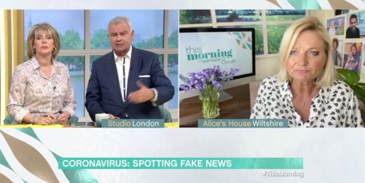 Eamonn and wife Ruth Langsford appearing on This Morning during a "fake news" discussion