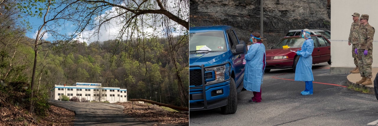 LEFT: Williamson Memorial Hospital is the only remaining hospital in Mingo County, West Virginia. Once called the "Heart of the Billion Dollar Coalfield," the town's population has continued to decline. The hospital is scheduled to close at the end of April 2020. RIGHT: Staff from the Mingo County Health Department, assisted by the West Virginia National Guard, offered drive-through COVID-19 testing at Williamson Memorial Hospital on Friday, April 10. Williamson Memorial is the only remaining hospital in Mingo County, West Virginia. Once called the "Heart of the Billion-Dollar Coalfield," the town's population has continued to decline. The hospital is scheduled to close at the end of April.