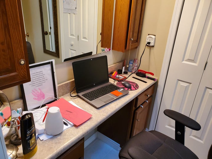 Food bank worker Angela Small transformed her master bathroom into a home office.