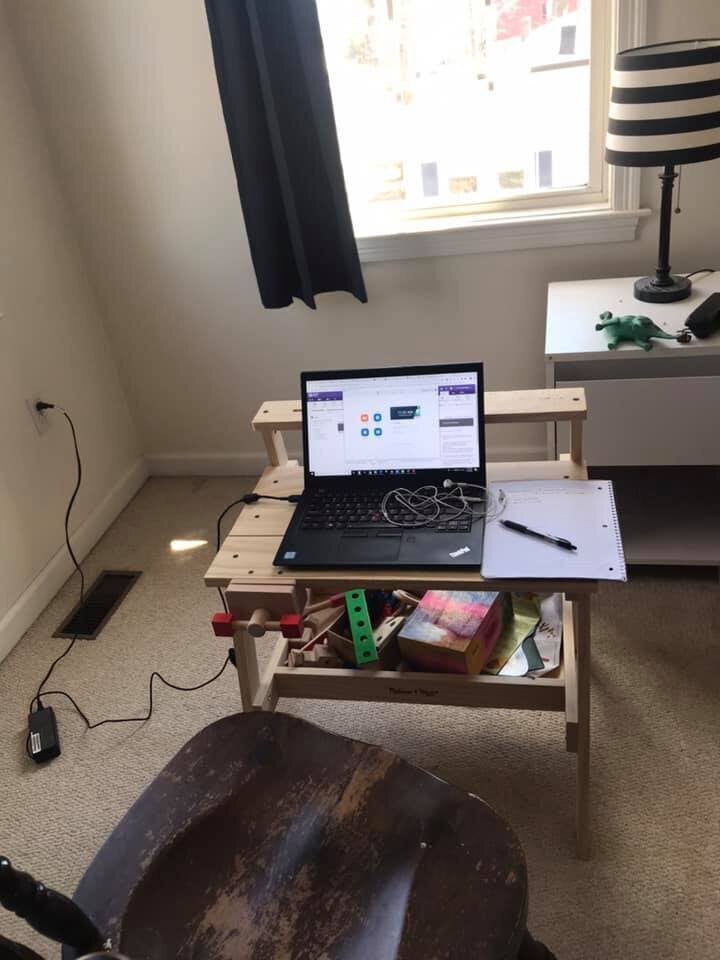 With work space limited, one family got creative with desks out of necessity. 