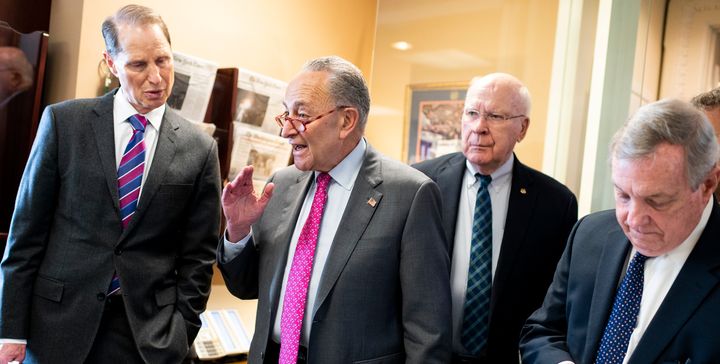 Democratic senators ― including (from left) Ron Wyden (Ore.), Chuck Schumer (N.Y.), Patrick Leahy (Vt.) and Dick Durbin (Ill.) ― complained about the treatment of rideshare drivers and various other unemployment claimants.