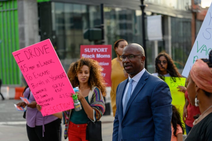 Jamaal Bowman, seen here speaking at an event about Black maternal mortality in July, is now relying on Facebook and other technology to court prospective voters.