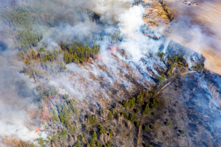 This aerial picture taken on April 12, 2020 shows a forest fire burning at a 30-kilometer (19-mile) Chernobyl exclusion zone