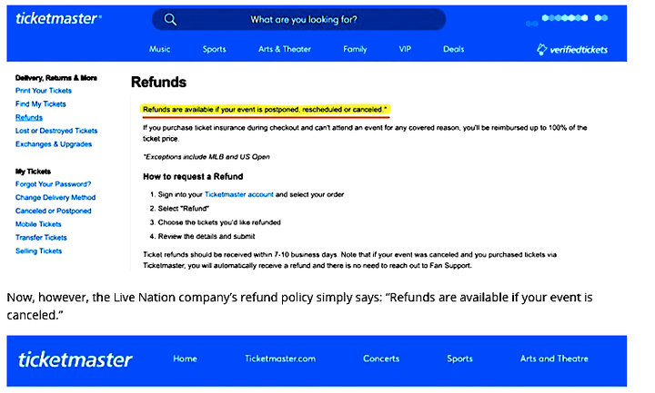 Ticketmaster's original refund policy, which offered refunds to customers whose events were postponed, rescheduled or cancele