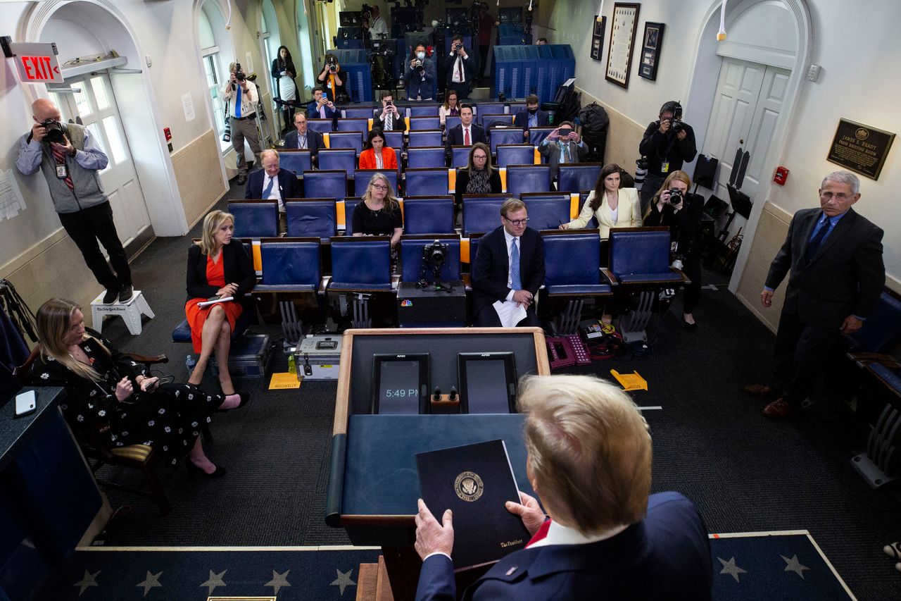 President Donald Trump arrives to speak about the coronavirus in the James Brady Press Briefing Room at the White House.