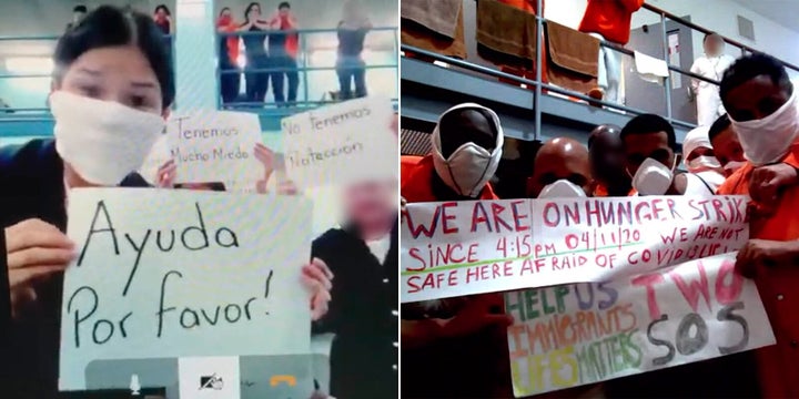 Detainees hold signs at the Irwin County Detention Center in Ocilla, Georgia.