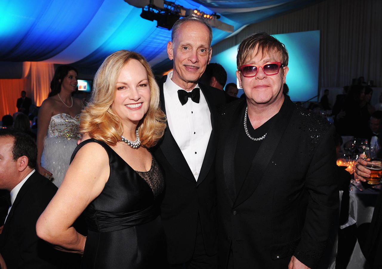 Patty Hearst, John Waters and Elton John at the annual Elton John AIDS Foundation Oscar viewing party in 2012.