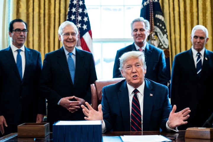 President Donald Trump speaks during a bill signing ceremony March 27 for the CARES Act, an economic stimulus package meant to deal with the effects of the coronavirus pandemic.