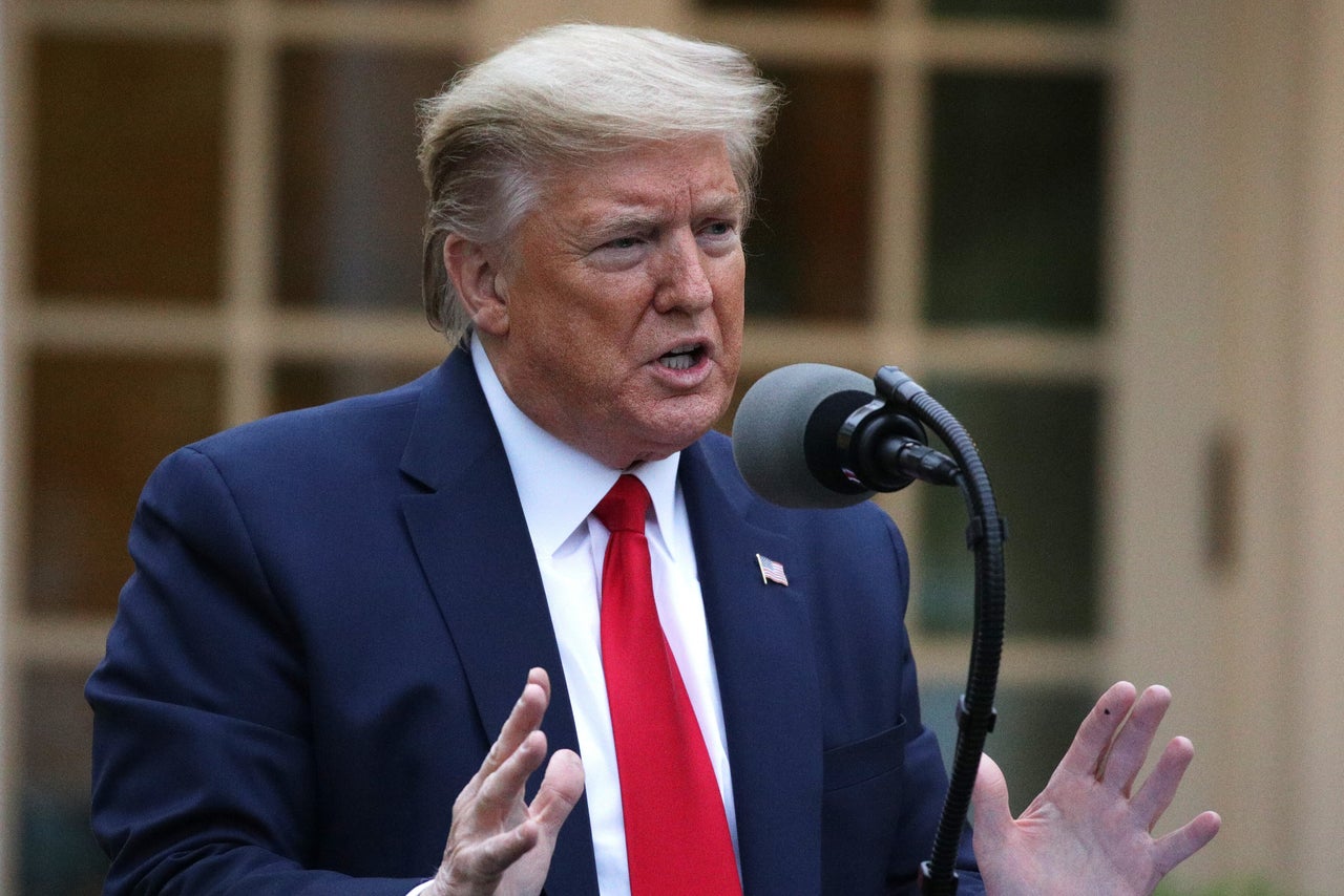 Donald Trump speaks during the daily briefing of the White House coronavirus task force in the Rose Garden 