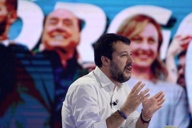 ROME, ITALY - OCTOBER 21: Former Vice Premier Matteo Salvini in front of a screen with the photo of Silvio...