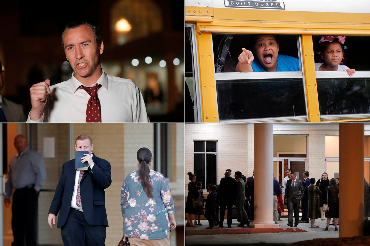 Clockwise from top left: Pastor Tony Spell held an evening service at Life Tabernacle Church in Central, Louisiana, on March 31. A congregant yells out to news media as they leave services. Spell, center background, talks to congregants. Congregants arrive for evening service.