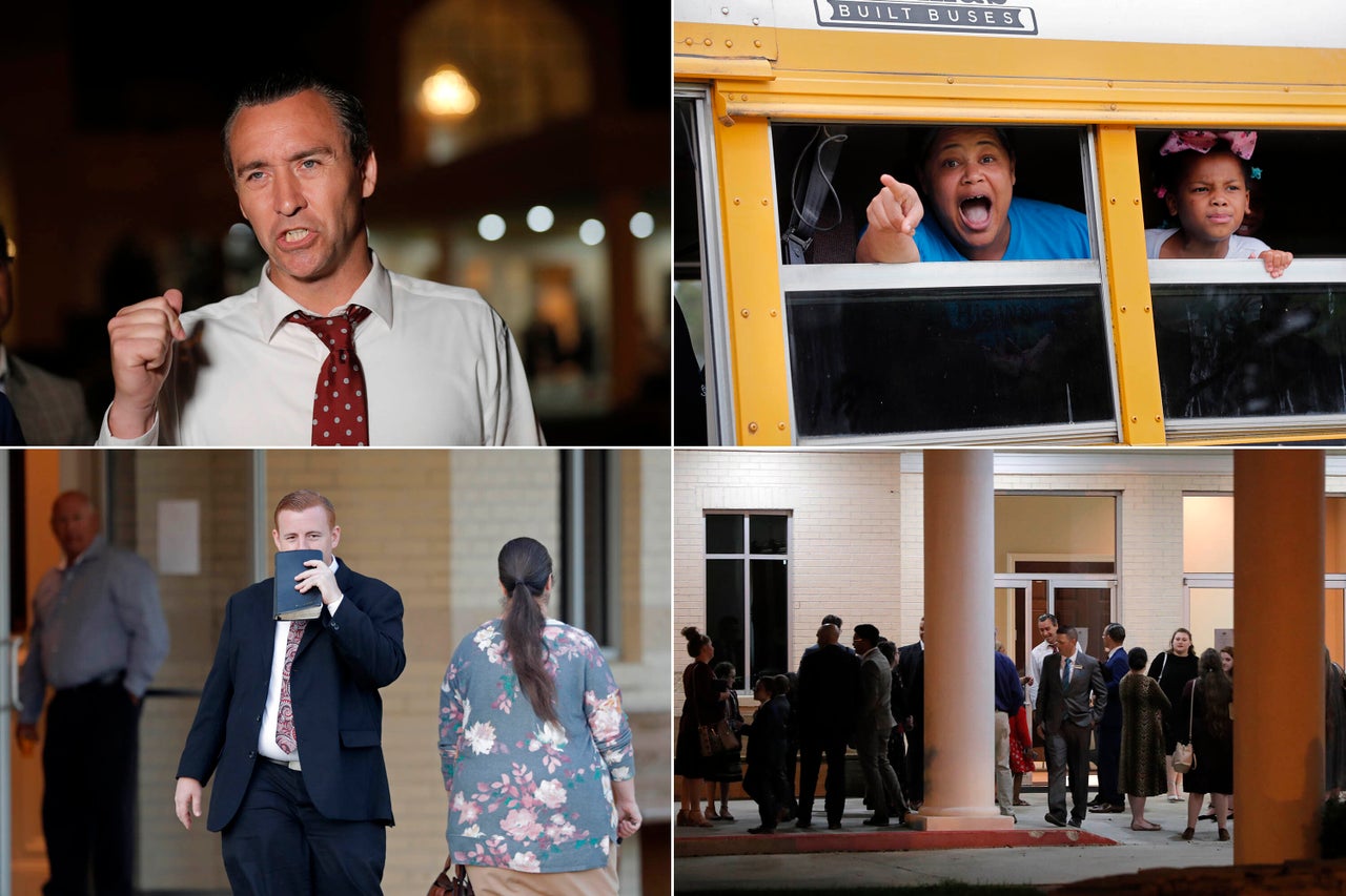 Clockwise from top left: Pastor Tony Spell held an evening service at Life Tabernacle Church in Central, Louisiana, on March 31. A congregant yells out to news media as they leave services. Spell, center background, talks to congregants. Congregants arrive for evening service. 