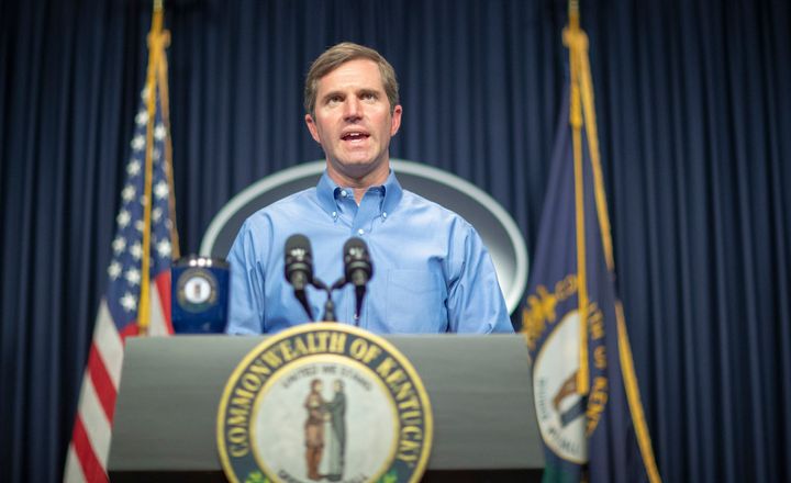 Kentucky Gov. Andy Beshear (D) speaks about the novel coronavirus during a media conference in Frankfort on April 5, 2020. 