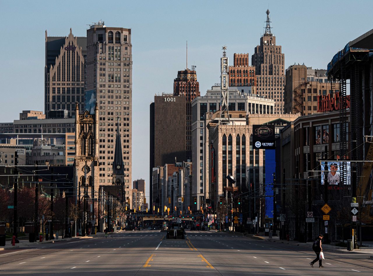 A nearly empty Woodward Avenue in Detroit on Saturday.