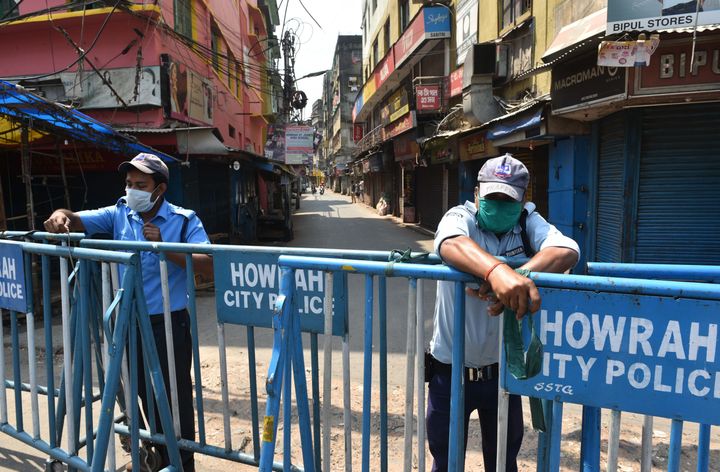 Barricades placed by Howrah Police at an identified coronavirus hotspot on day eighteen of the 21 day nationwide lockdown, at Foreshore Road in Howrah, on April 11, 2020 in Kolkata.