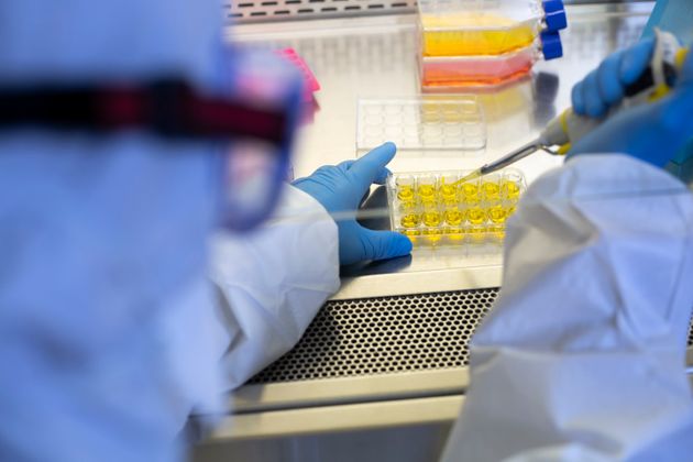 Coronavirus,Blood research,Scientist's Laboratory,Research lab,Analyzing a blood sample in test tube at laboratory with microscope. Medical, pharmaceutical and scientific research and development concept.