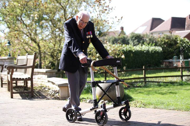 Captain Tom Moore has walked the length of his garden one hundred times before his 100th birthday this month 