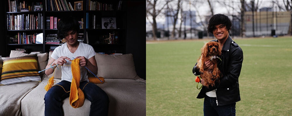 Eli Lewis knitting in his Manhattan apartment (left) and holding his dog, Lady. (Credit: Nick Kraus)