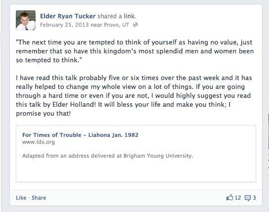 One of Ryan Tucker's Facebook status updates, posted during his mission.