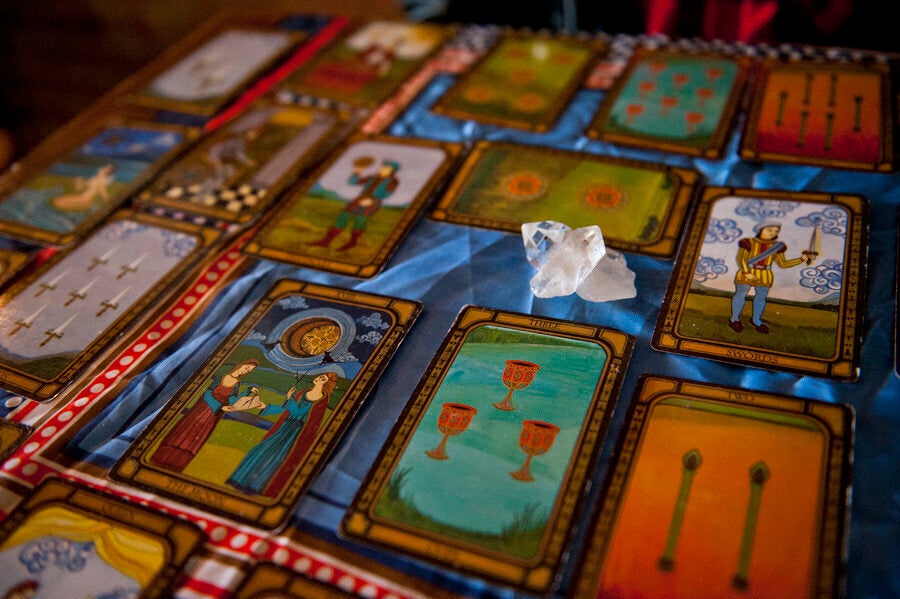 <div class="feature-caption"><em>Bruno uses the Golden Tarot by Liz Dean. He also brings crystals - usually a combination of quartz, amethyst and obsidian. (Wendy George/Huffington Post)</em></div>