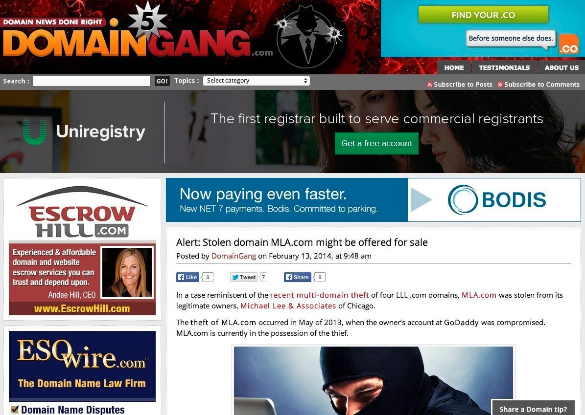 <em>DomainGang.com, run by an anonymous blogger, publishes news on the domain industry. The blogger reported that MLA.com appeared to have been stolen.</em>