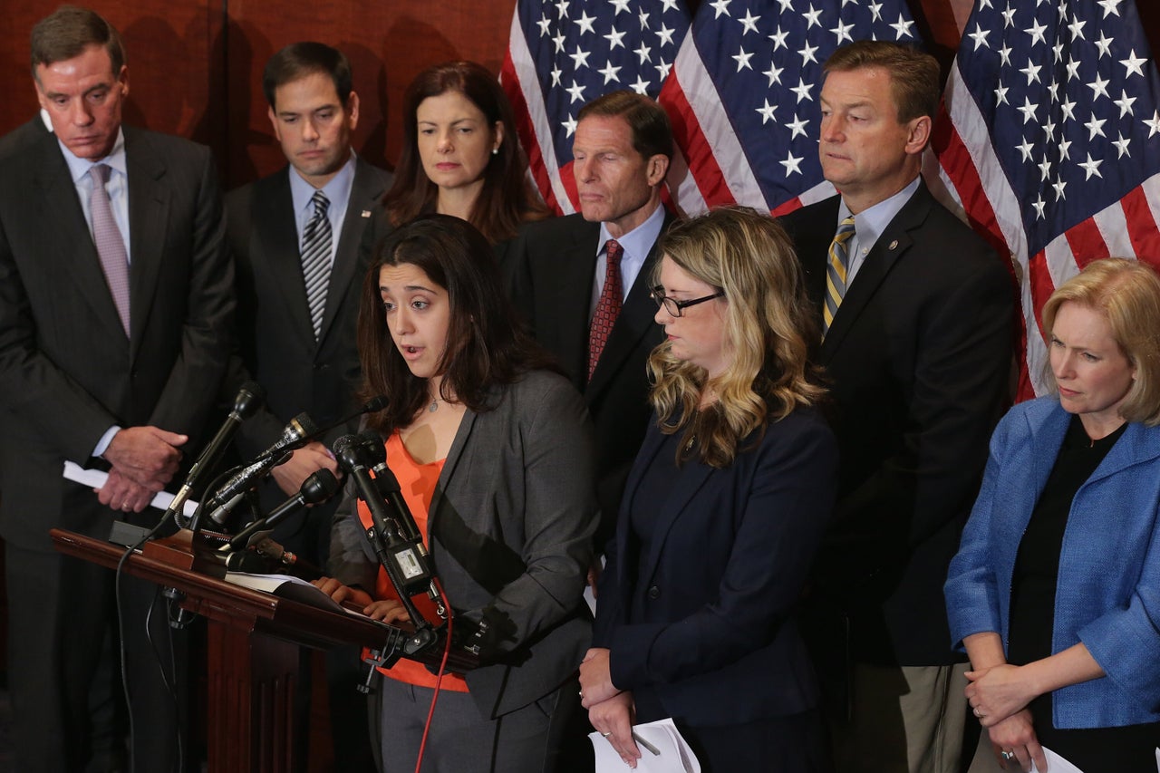 <em>Andrea Pino and Annie Clark, co-founders of End Rape On Campus, speak with senators about legislation designed to tackle college sexual assault.</em>