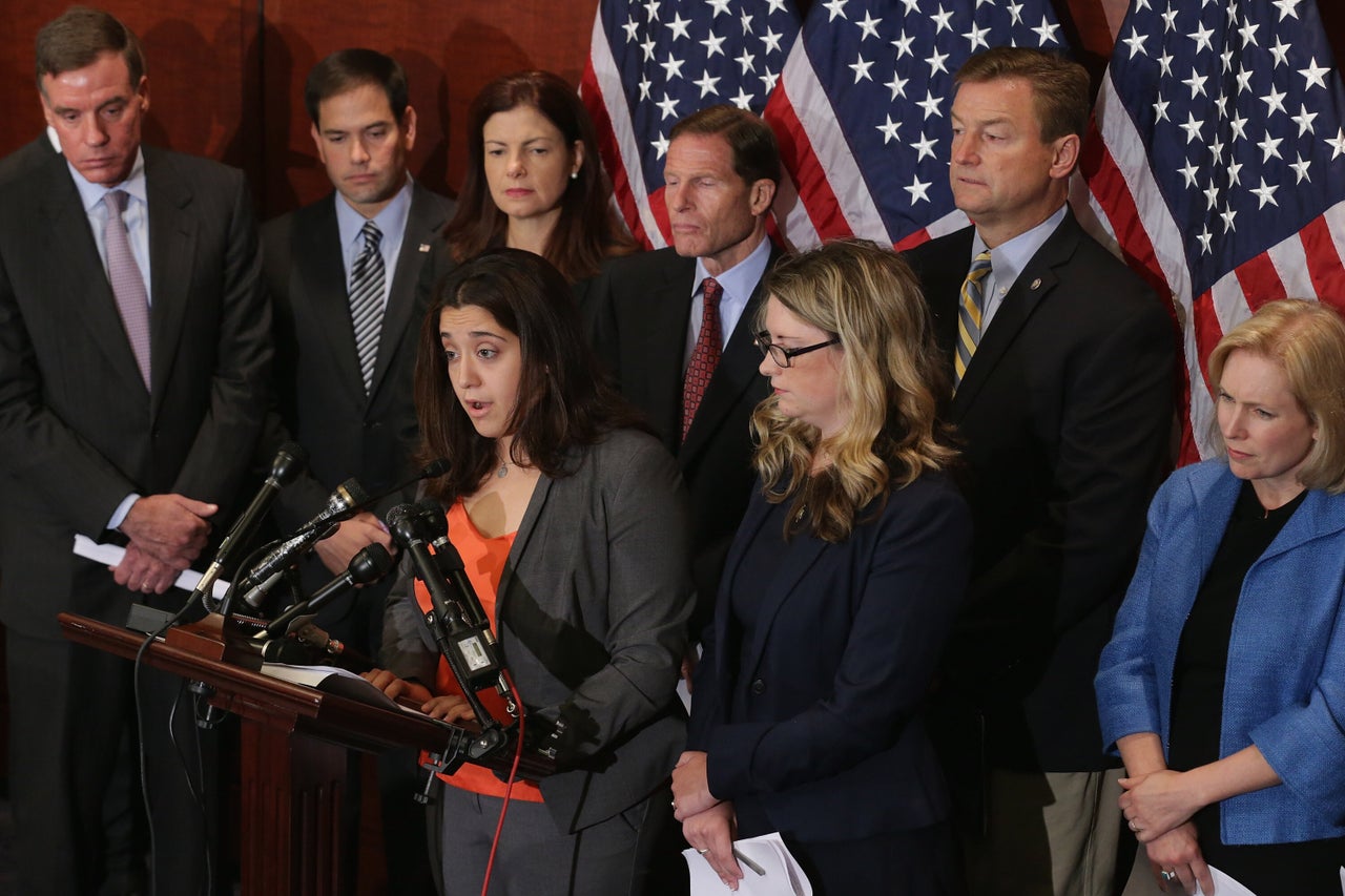 Andrea Pino and Annie Clark, co-founders of End Rape On Campus, speak with senators about legislation designed to tackle college sexual assault.