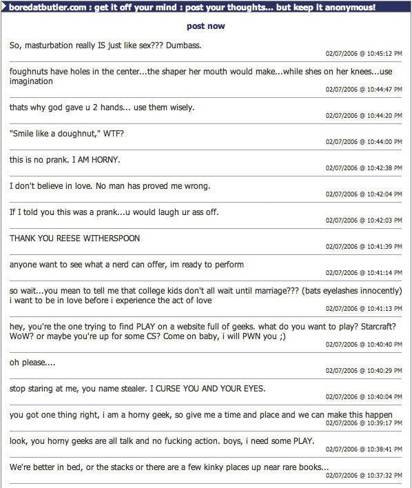 <em>A screenshot from the early days of Bored@Butler, an anonymous forum at Columbia.</em>