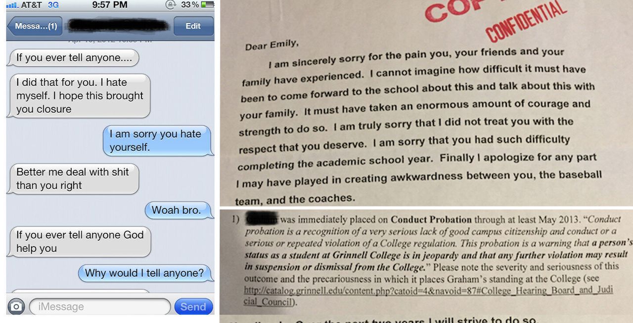 <em>Clockwise: Text messages Emily Bartlett said a male student sent her just after he sexually assaulted her; An apology letter from the student after a hearing into the alleged assault; A portion of the letter describing the punishment the student received for disorderly conduct and "psychological harm."</em>