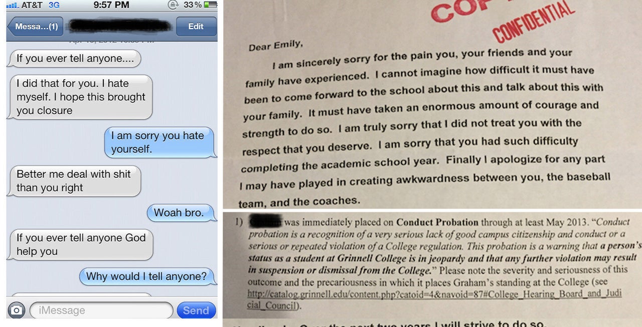 Clockwise: Text messages Emily Bartlett said a male student sent her just after he sexually assaulted her; An apology letter from the student after a hearing into the alleged assault; A portion of the letter describing the punishment the student received for disorderly conduct and "psychological harm."