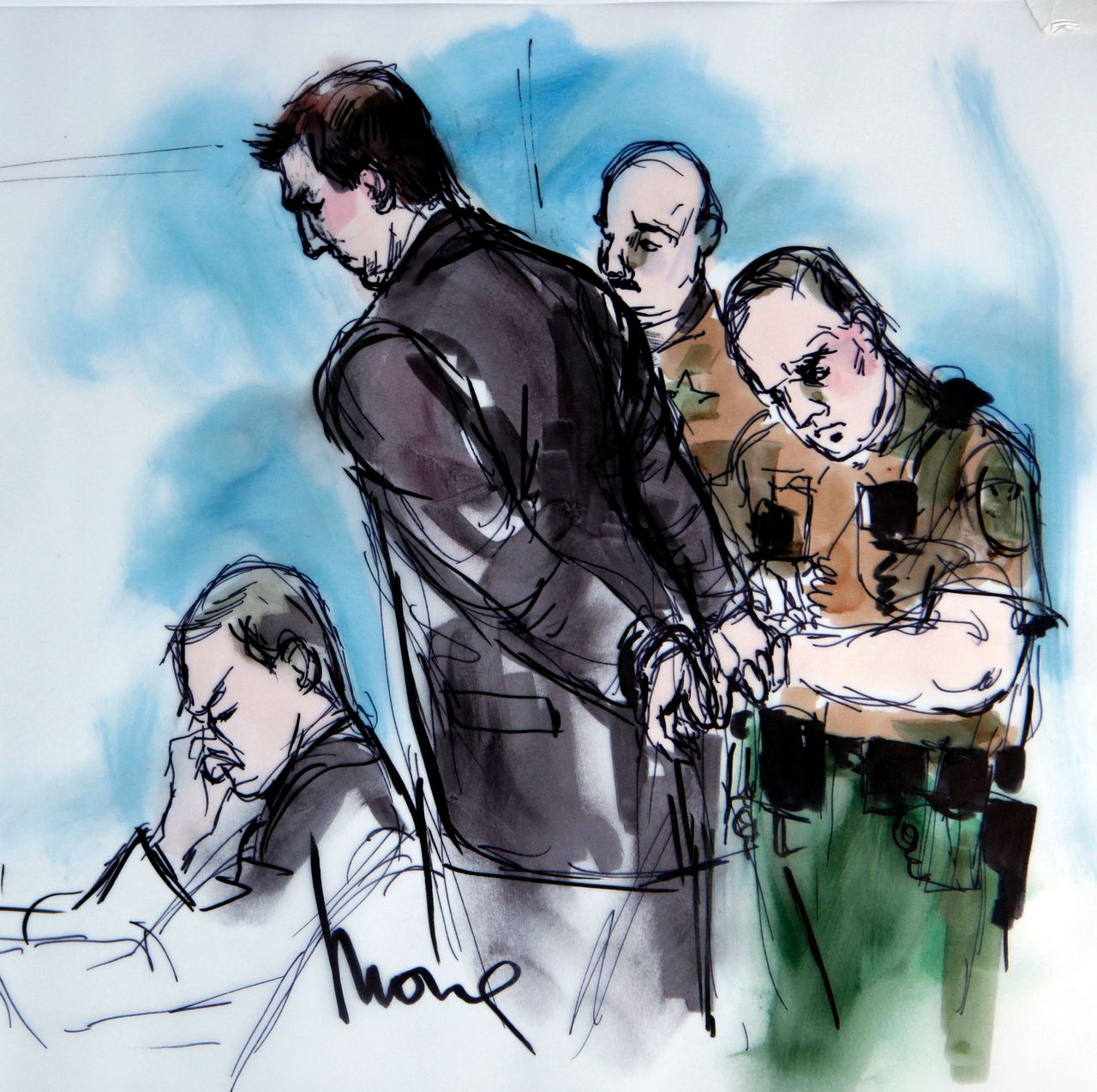 <em>In this artist's sketch, former BART police officer Johannes Mehserle, center, is taken into custody at the Criminal Justice Center in Los Angeles on July 8, 2010, as his attorney Michael Rains, left, reacts after the verdict of guilty of involuntary manslaughter in the killing of Oscar Grant. (AP Photo/Mona Shafer Edwards)</em>