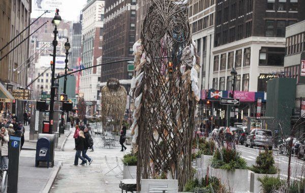 The Myth Makers (Donna Dodson and Andy Moerlein), "Avian Avatars" (2015), Garment District Plaza.Photo: courtesy the Garment District.