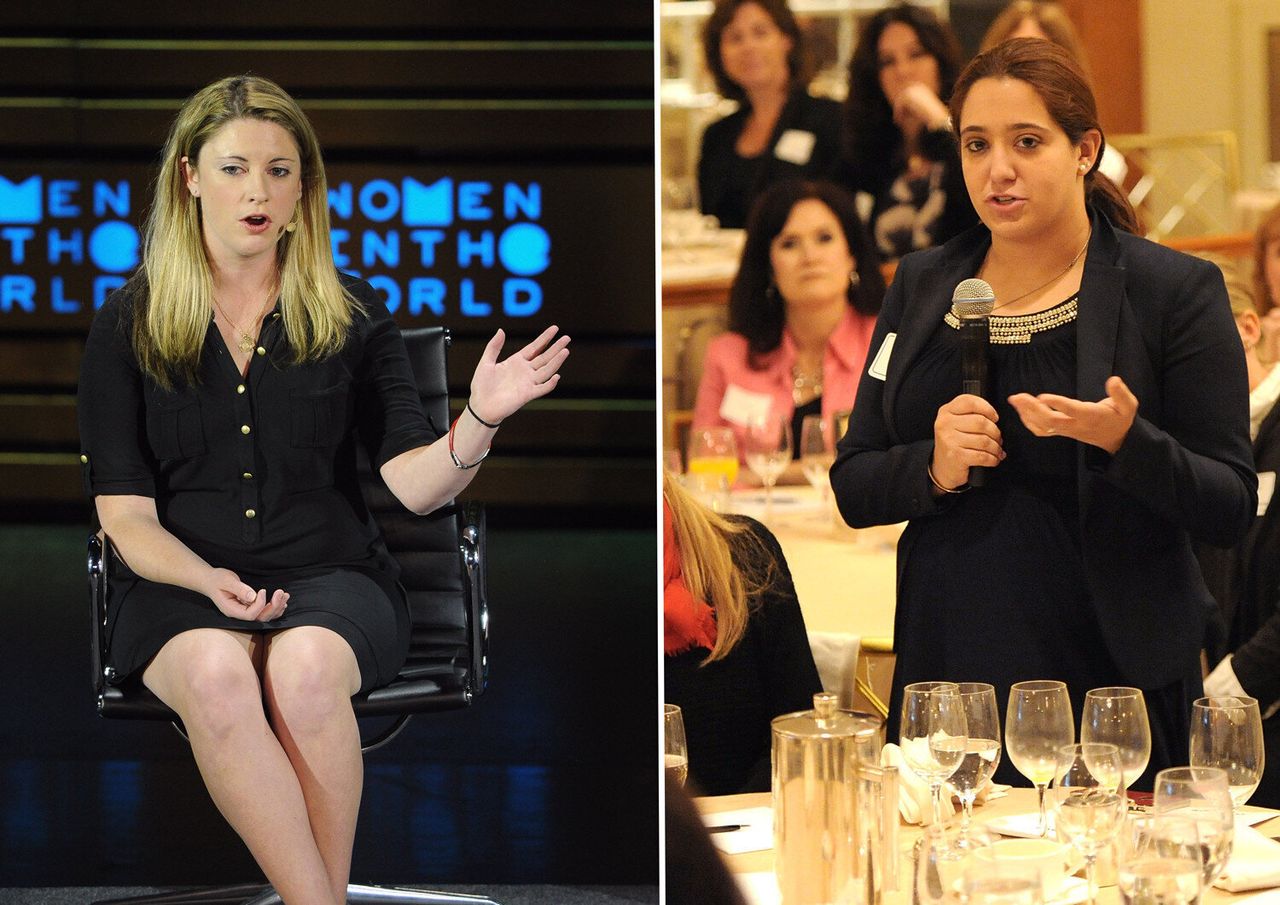 Left: Annie E. Clark speaks at the Women In The World Summit in New YorkCity in April. Right: Andrea Pino speaks at the Inher Circle on Rape & Sexual Assault on College Campuses event in Beverly Hills, California, in April.