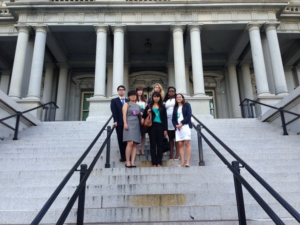 Alexandra Brodsky, Dana Bolger, John Kelly, Kate Sim, Wagatwe Wanjuki, Laura Dunn and Suzanna Bobadilla stand in Washington, D.C., after meeting with members of the Obama administration about campus sexual assault and Title IX enforcement in 2013.