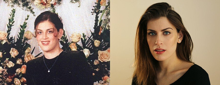 Left, Melissa Weisz in her Satmar Hasidic girlhood; right, Weisz after leaving Hasidism (photo by Rachel Herman)