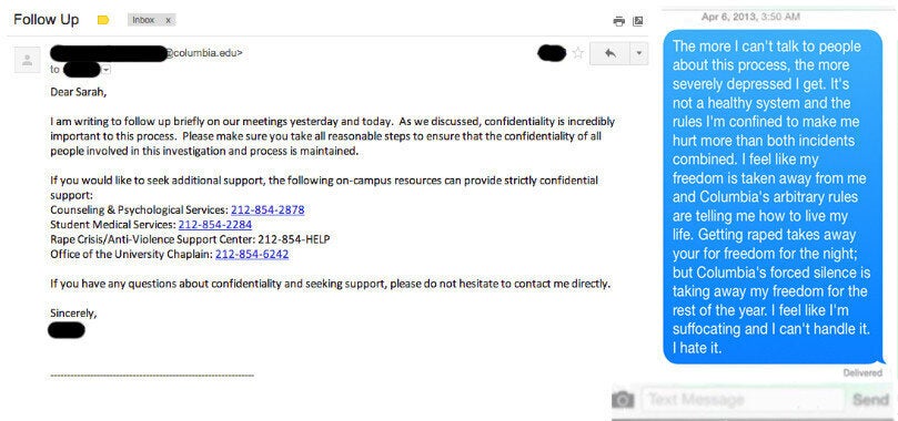 <em>An email from an official at Columbia University to Sarah, and a text message she sent the official at a later point.</em>