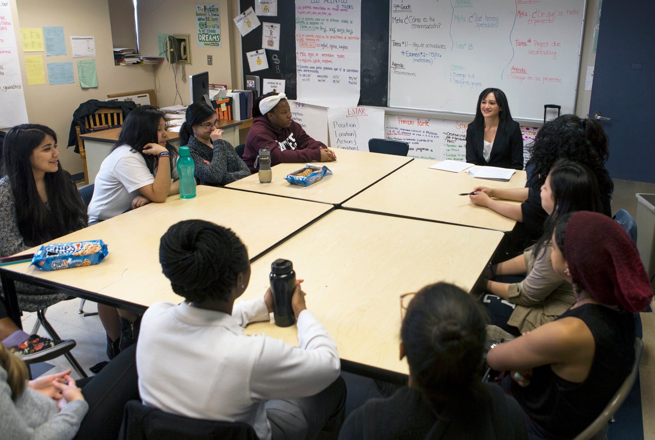 Claudia Espinosa speaks to the L.O.V.E. mentees and mentors at The Young Women’s Leadership School of East Harlem.