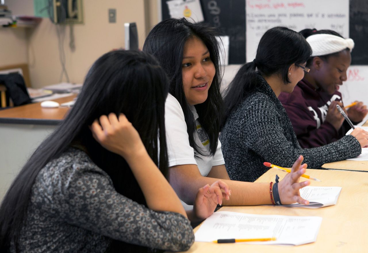 Mentees and mentors talk during an after-school L.O.V.E. meet-up.